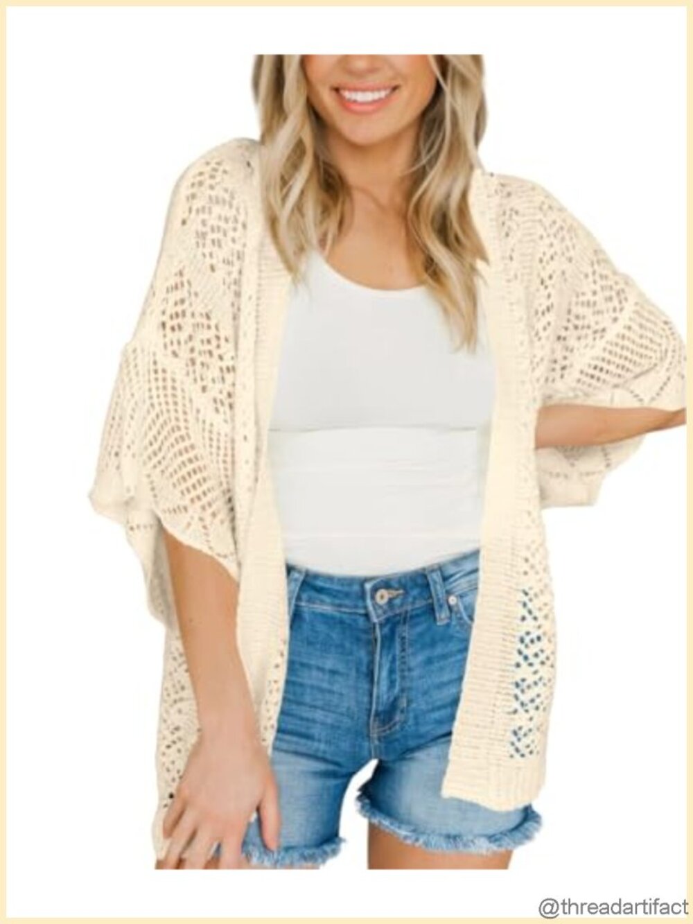 Lightweight Crochet Open Front Cardigan 3/4 Sleeve Oversized Boho Knit
